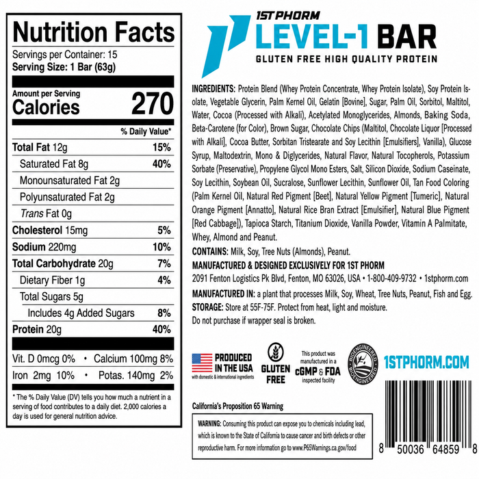 1st Phorm Level-1 Protein Bar 15pk