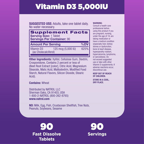 Natrol Vitamin D3 Bone & Joint Health 5,000IU 90 Tablets
