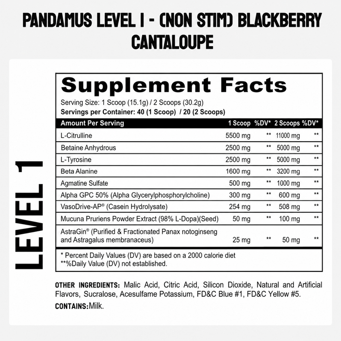 Pandamus L1 Stim-Free Pre Workout 40/20 Servings