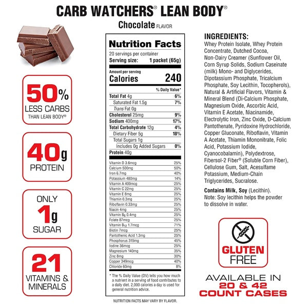 Labrada Lean Body Carb Watchers Protein Shake Powder Singles 42 Servings